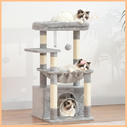 Heybly Kratzbaum, Katzenbaum Mit Extra Großem, Weichem Katzenkorb, Katzenkratzbaum Mit Geräumigem Katzenbett Und Verstecktem Schlafplatz, Robusten Sisal-Kratzsäulen, Hellgrau HCT008SW