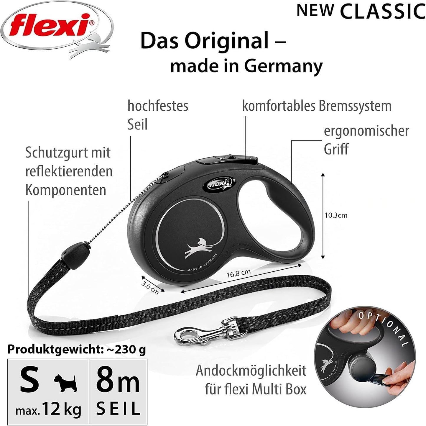 Flexi® Classic S | 8M Seil Roll-Leine Für Kleine Hunde Bis 12 Kg | Schwarz | Ausziehbare Hundeleine | Gewicht 228.8 Gr | Maße 10.3 X 16.8 Cm