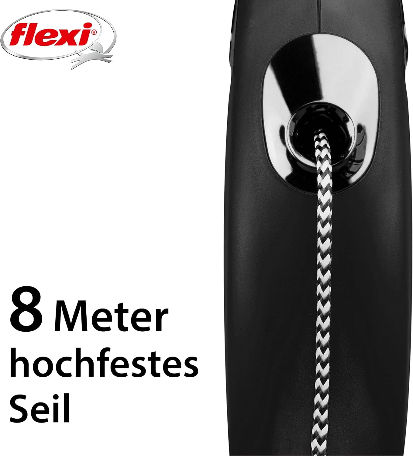 Flexi® Classic S | 8M Seil Roll-Leine Für Kleine Hunde Bis 12 Kg | Schwarz | Ausziehbare Hundeleine | Gewicht 228.8 Gr | Maße 10.3 X 16.8 Cm