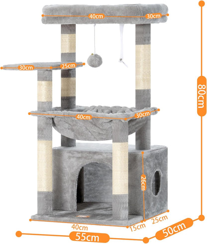 Heybly Kratzbaum, Katzenbaum Mit Extra Großem, Weichem Katzenkorb, Katzenkratzbaum Mit Geräumigem Katzenbett Und Verstecktem Schlafplatz, Robusten Sisal-Kratzsäulen, Hellgrau HCT008SW