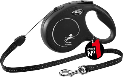 Flexi® Classic S | 8M Seil Roll-Leine Für Kleine Hunde Bis 12 Kg | Schwarz | Ausziehbare Hundeleine | Gewicht 228.8 Gr | Maße 10.3 X 16.8 Cm