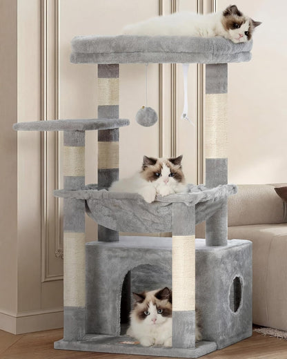 Heybly Kratzbaum, Katzenbaum Mit Extra Großem, Weichem Katzenkorb, Katzenkratzbaum Mit Geräumigem Katzenbett Und Verstecktem Schlafplatz, Robusten Sisal-Kratzsäulen, Hellgrau HCT008SW