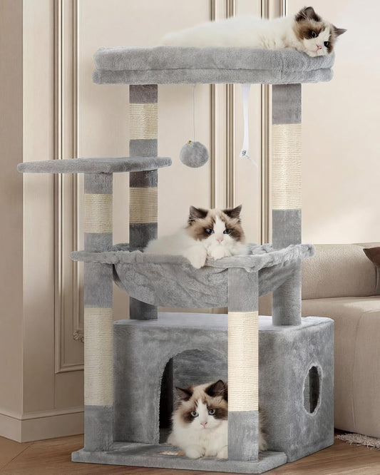 Heybly Kratzbaum, Katzenbaum Mit Extra Großem, Weichem Katzenkorb, Katzenkratzbaum Mit Geräumigem Katzenbett Und Verstecktem Schlafplatz, Robusten Sisal-Kratzsäulen, Hellgrau HCT008SW