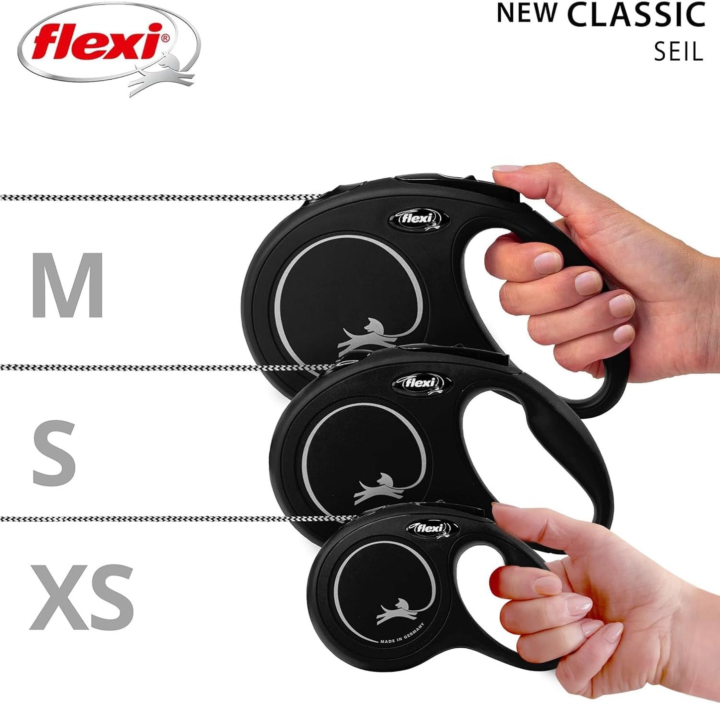 Flexi® Classic S | 8M Seil Roll-Leine Für Kleine Hunde Bis 12 Kg | Schwarz | Ausziehbare Hundeleine | Gewicht 228.8 Gr | Maße 10.3 X 16.8 Cm