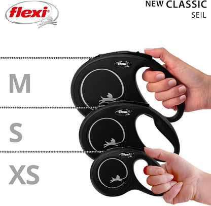 Flexi® Classic S | 8M Seil Roll-Leine Für Kleine Hunde Bis 12 Kg | Schwarz | Ausziehbare Hundeleine | Gewicht 228.8 Gr | Maße 10.3 X 16.8 Cm
