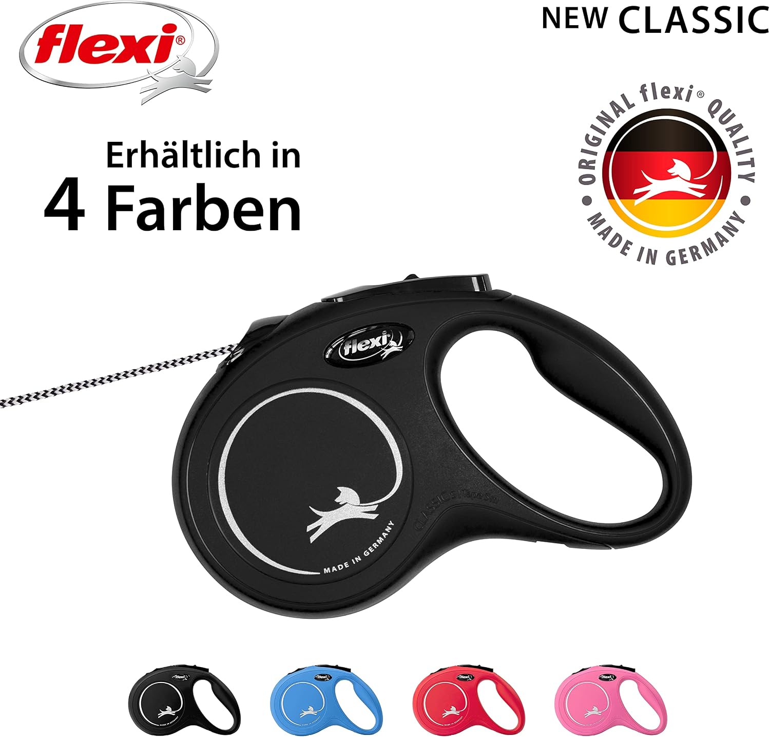 Flexi® Classic S | 8M Seil Roll-Leine Für Kleine Hunde Bis 12 Kg | Schwarz | Ausziehbare Hundeleine | Gewicht 228.8 Gr | Maße 10.3 X 16.8 Cm