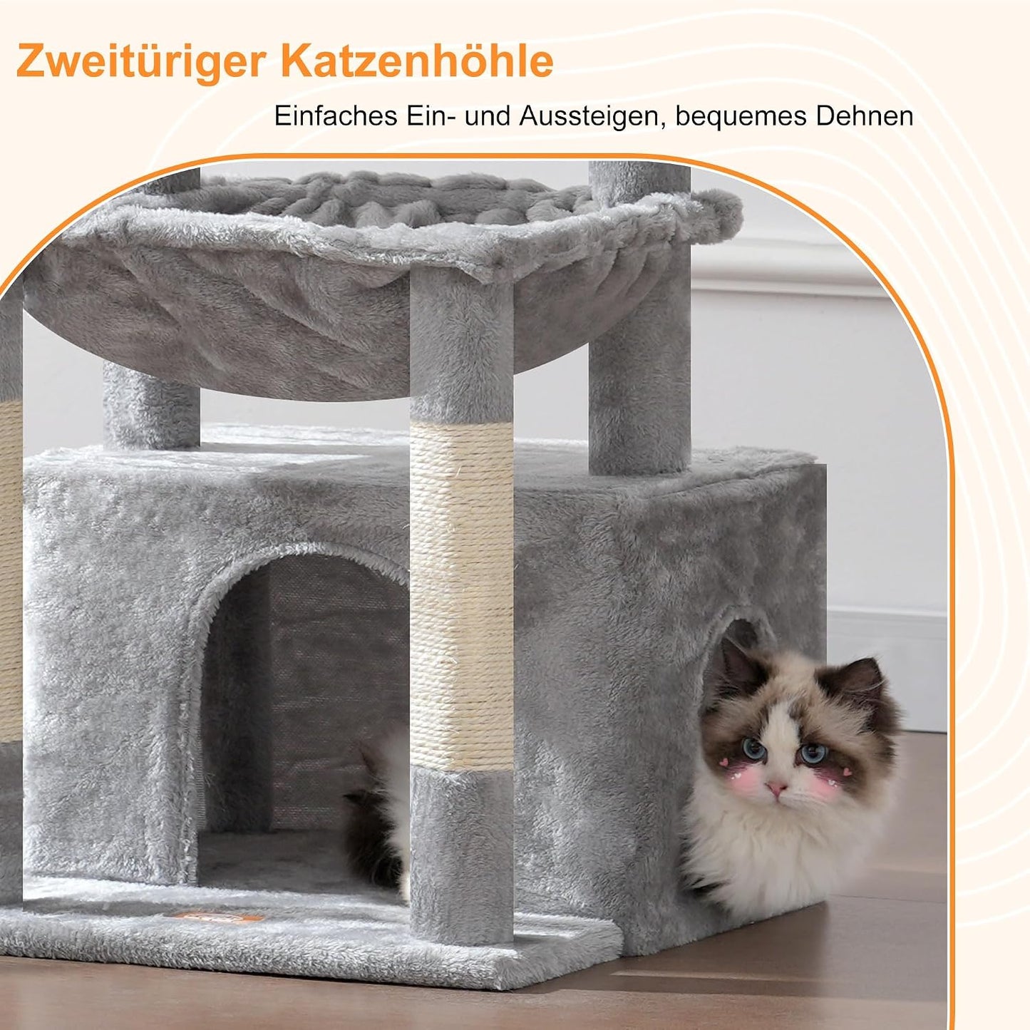 Heybly Kratzbaum, Katzenbaum Mit Extra Großem, Weichem Katzenkorb, Katzenkratzbaum Mit Geräumigem Katzenbett Und Verstecktem Schlafplatz, Robusten Sisal-Kratzsäulen, Hellgrau HCT008SW