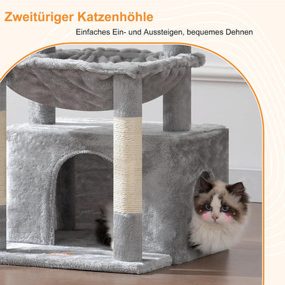 Heybly Kratzbaum, Katzenbaum Mit Extra Großem, Weichem Katzenkorb, Katzenkratzbaum Mit Geräumigem Katzenbett Und Verstecktem Schlafplatz, Robusten Sisal-Kratzsäulen, Hellgrau HCT008SW