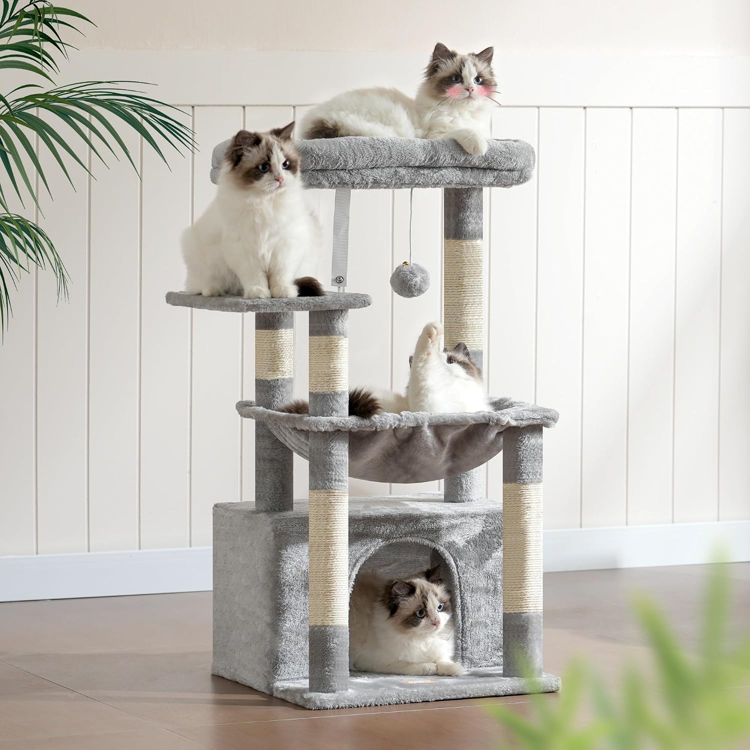 Heybly Kratzbaum, Katzenbaum Mit Extra Großem, Weichem Katzenkorb, Katzenkratzbaum Mit Geräumigem Katzenbett Und Verstecktem Schlafplatz, Robusten Sisal-Kratzsäulen, Hellgrau HCT008SW