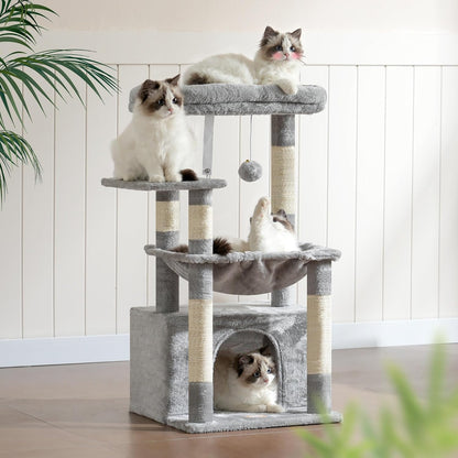 Heybly Kratzbaum, Katzenbaum Mit Extra Großem, Weichem Katzenkorb, Katzenkratzbaum Mit Geräumigem Katzenbett Und Verstecktem Schlafplatz, Robusten Sisal-Kratzsäulen, Hellgrau HCT008SW