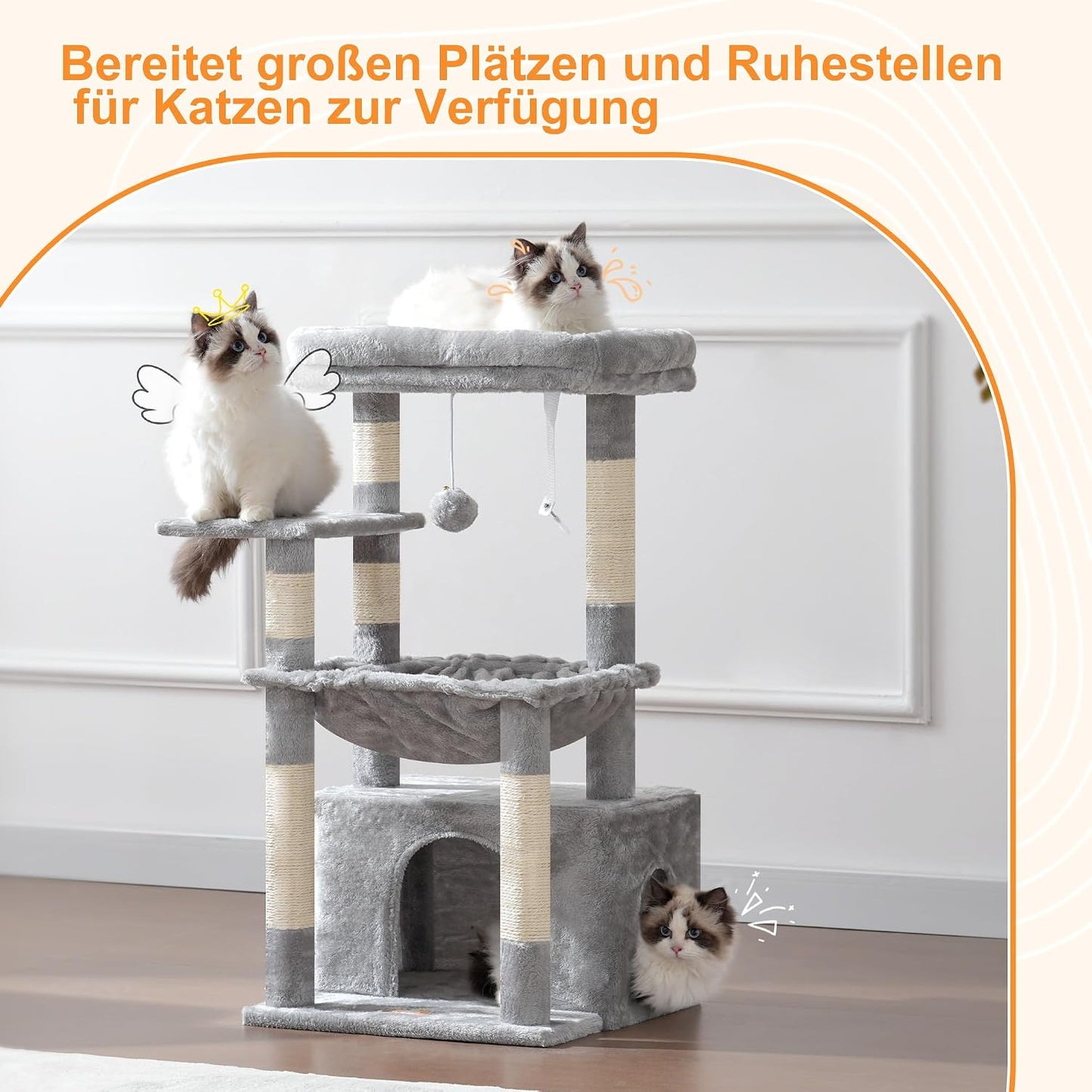 Heybly Kratzbaum, Katzenbaum Mit Extra Großem, Weichem Katzenkorb, Katzenkratzbaum Mit Geräumigem Katzenbett Und Verstecktem Schlafplatz, Robusten Sisal-Kratzsäulen, Hellgrau HCT008SW