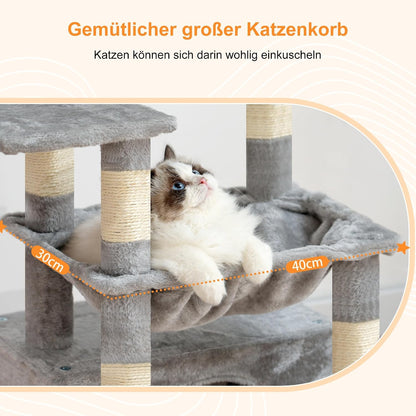 Heybly Kratzbaum, Katzenbaum Mit Extra Großem, Weichem Katzenkorb, Katzenkratzbaum Mit Geräumigem Katzenbett Und Verstecktem Schlafplatz, Robusten Sisal-Kratzsäulen, Hellgrau HCT008SW