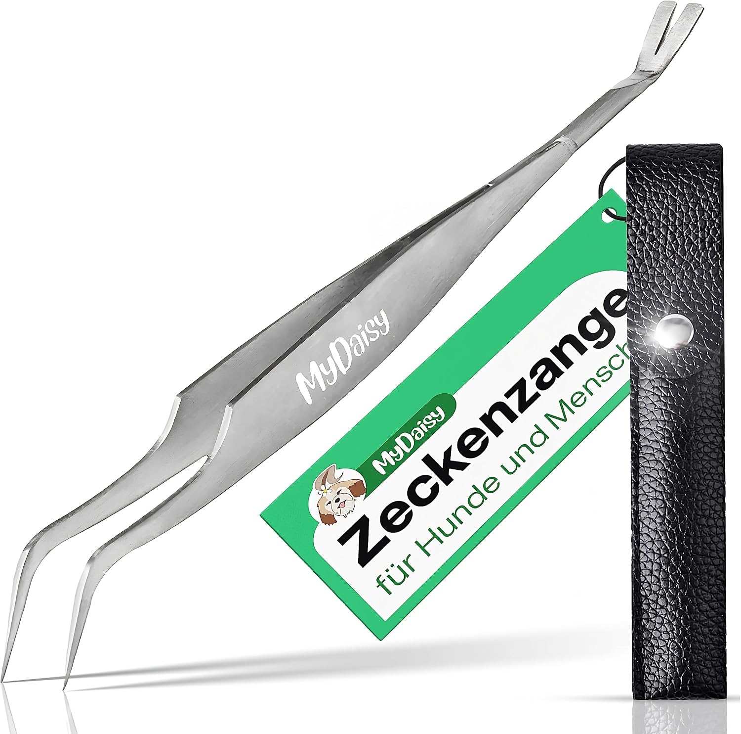 MYDAISY Zeckenzange Für Hunde Und Menschen Aus Edelstahl – Premium Zeckenpinzette 2 in 1 Mit Haken & Pinzette – Robuste Zeckenzange Mensch Und Haustiere – Inkl. Schwarzer Schutzhülle