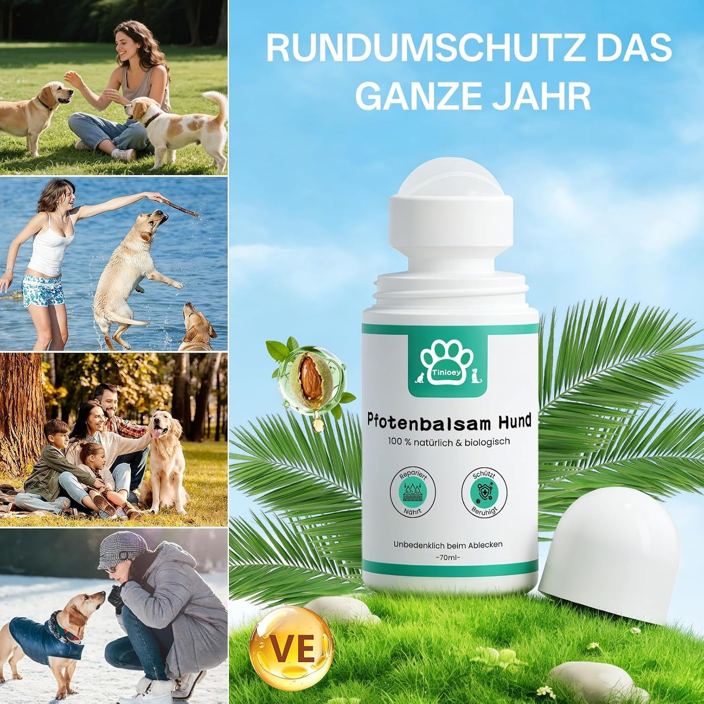 Pfotenbalsam Hund (Roll-On 70Ml) - Heilt, Repariert Und Regeneriert Trockene, Rissige & Beschädigte Pfoten, Pfotenpflege Pfotenschutz Hund, Hundepfoten Balsam, Hundezubehör, Hunde Geschenke