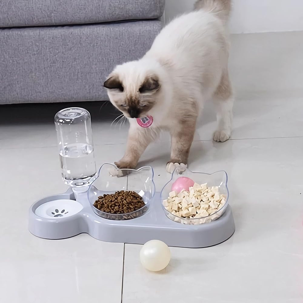 3-In-1 Katze Futternapf Und Wassernapf Set, Katzennapf 3Er Set, Doppel-Katzennäpfe Mit Wasserspender Für Haustiere, Futternapf Und Wassernapf Für Katzen Und Kleine Hunde